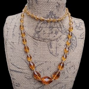 Vintage hand knotted graduated citrine Czech glass necklace 36 inches bohemian